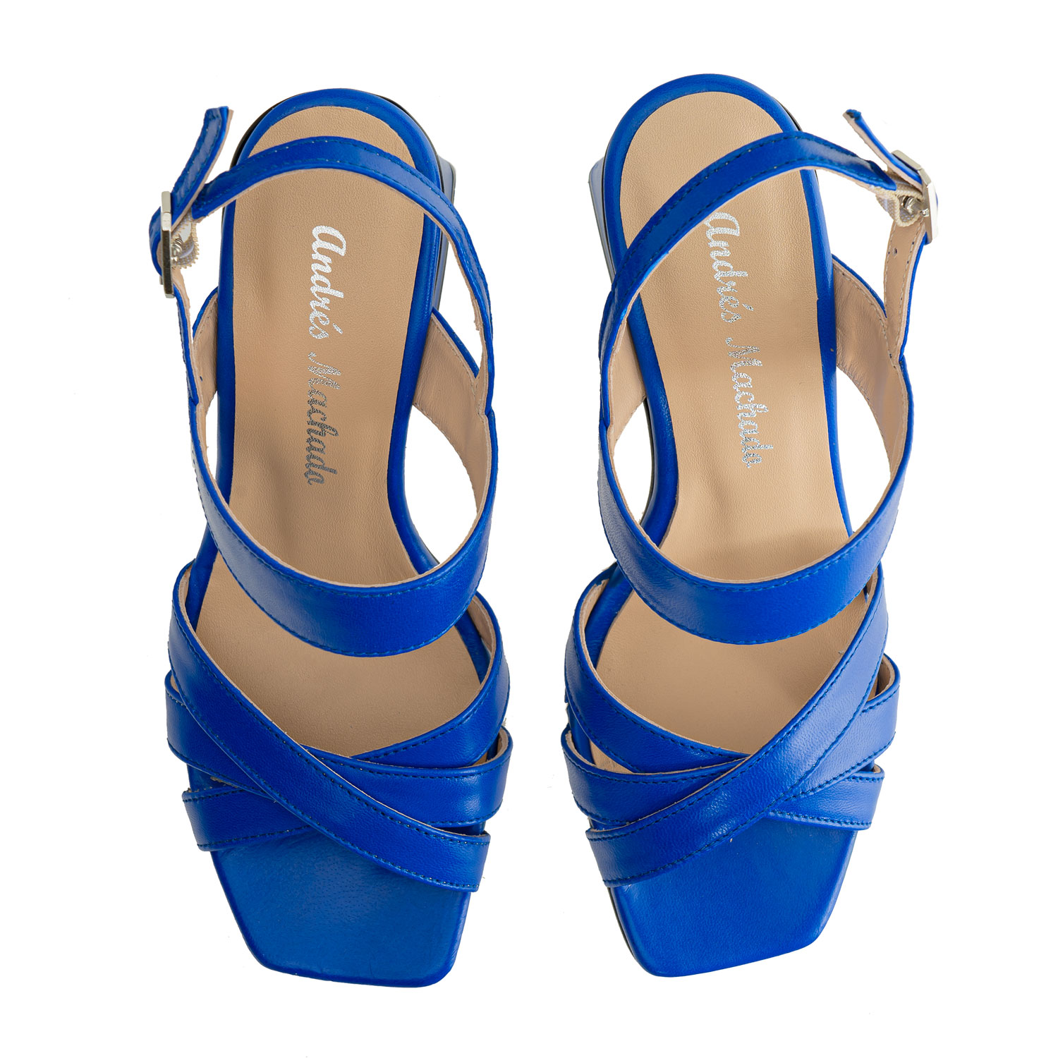 Sandaletten aus blauem Leder mit Blockabsatz 