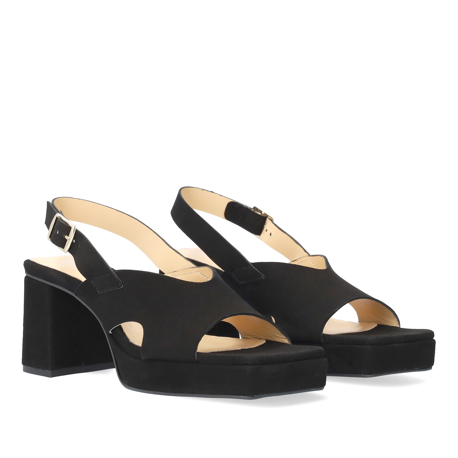 Heeled black suede sandals with platform 