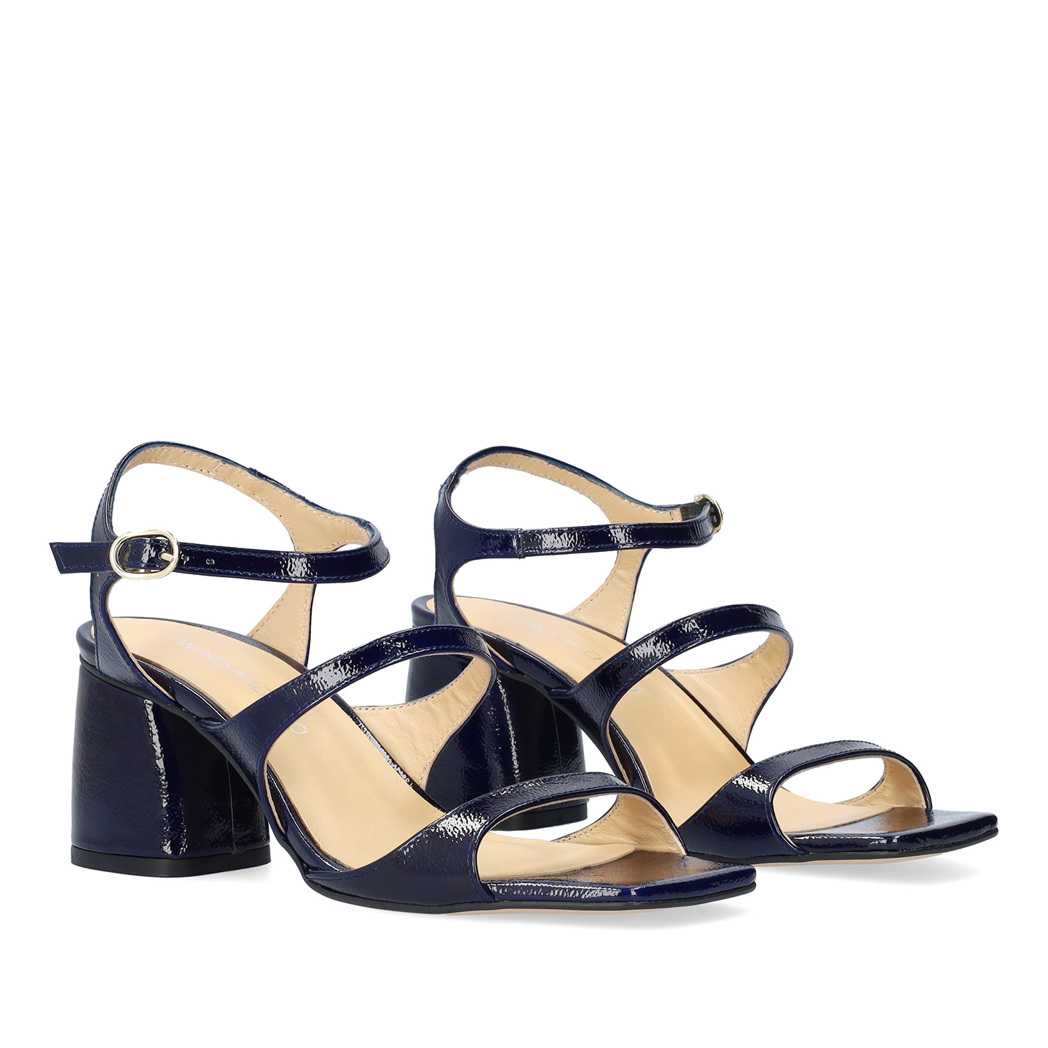 Navy patent leather heeled sandals 