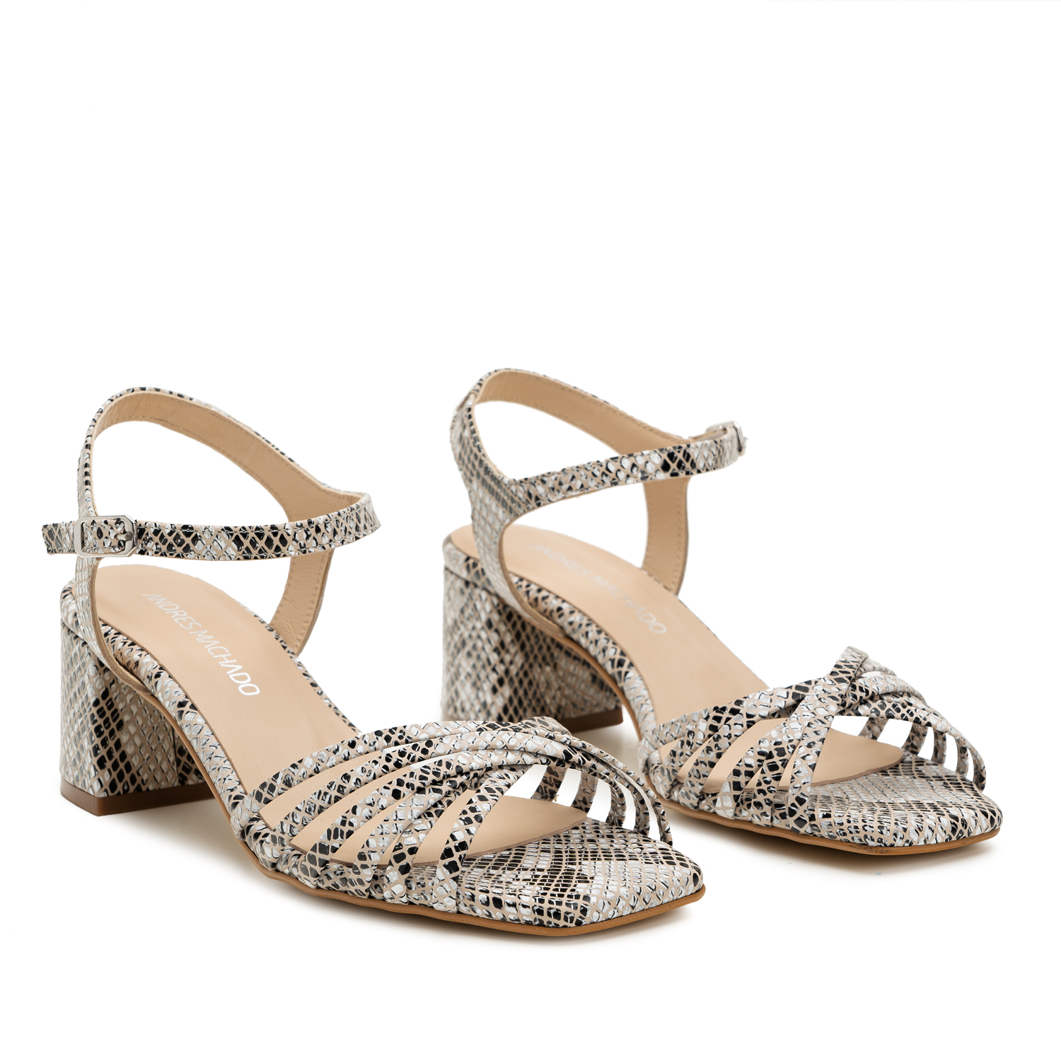 Strapped Sandals in Brown Snake Print Leather 