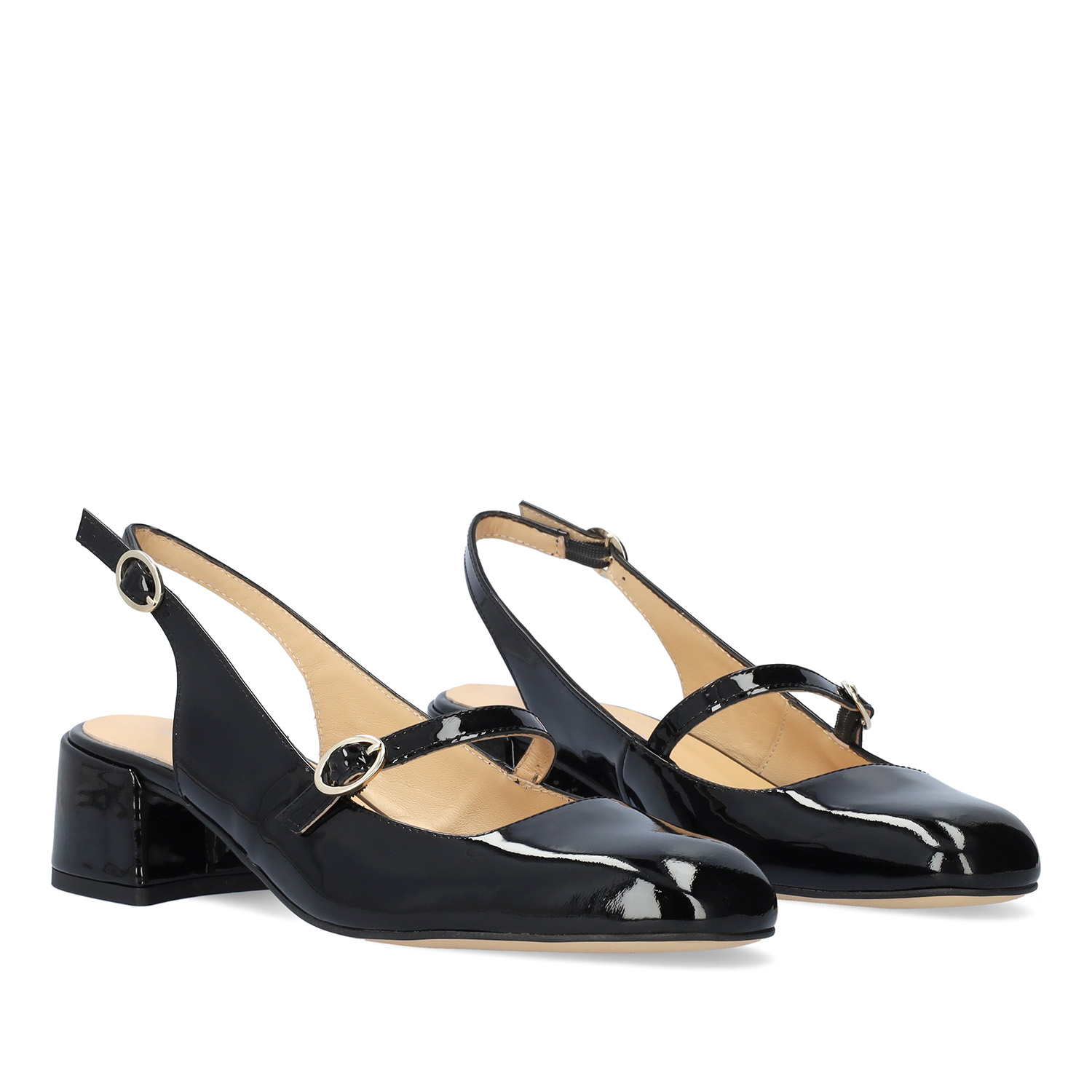 Heeled black patent leather Mary Janes 