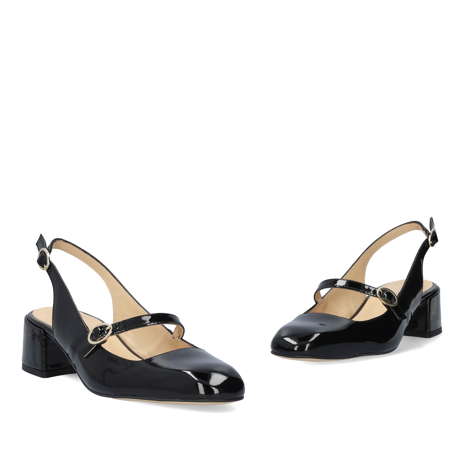 Heeled black patent leather Mary Janes 