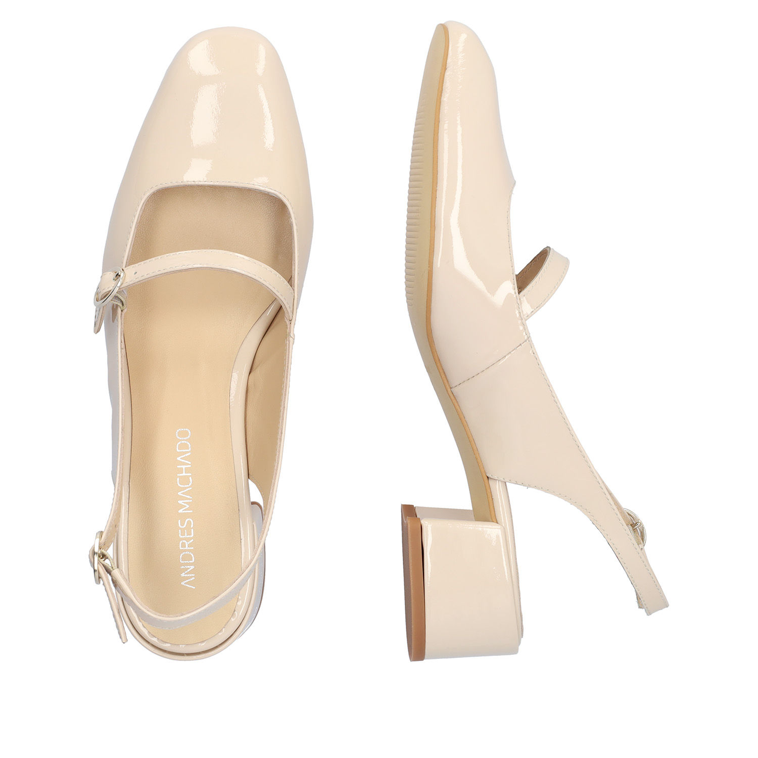 Heeled beige patent leather Mary Janes 