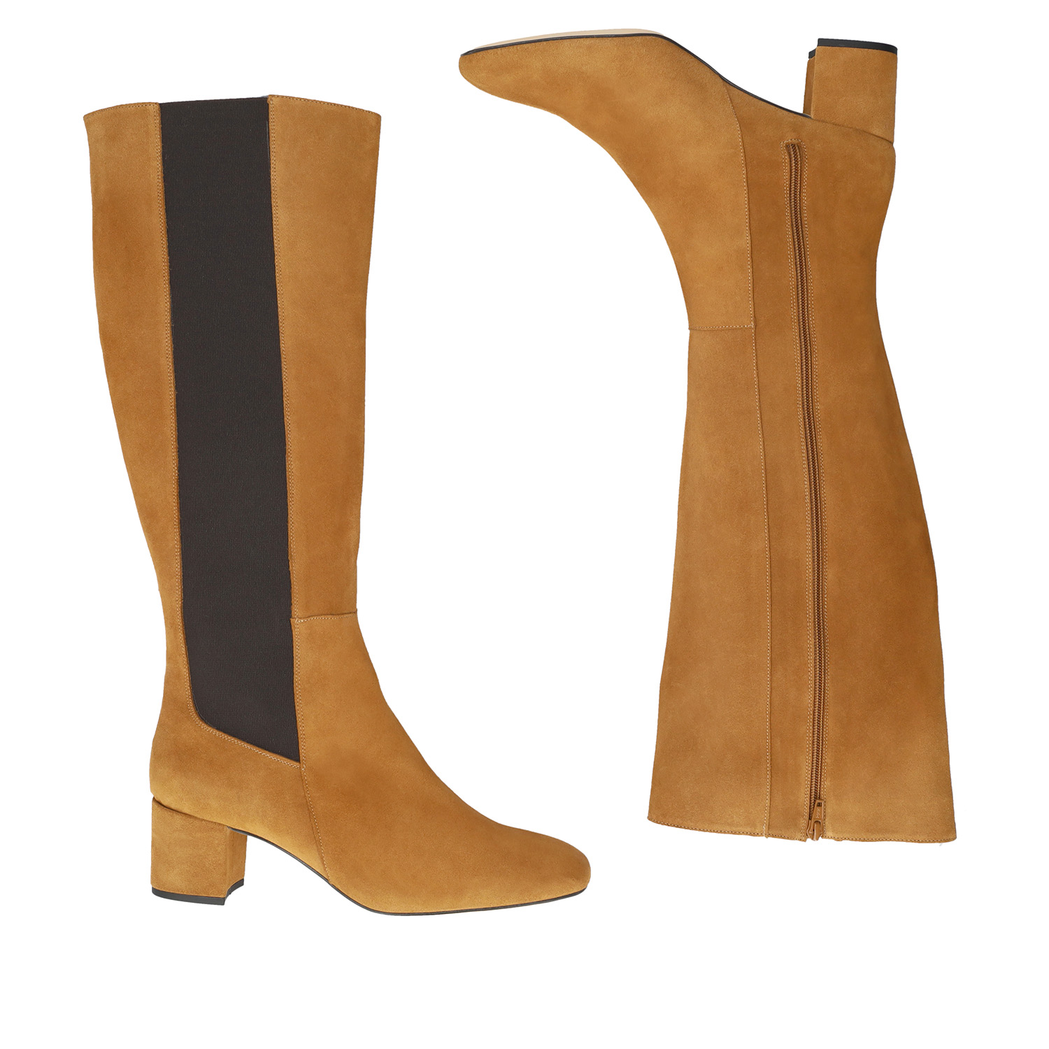 Knee-high boots in saddle colour split leather 