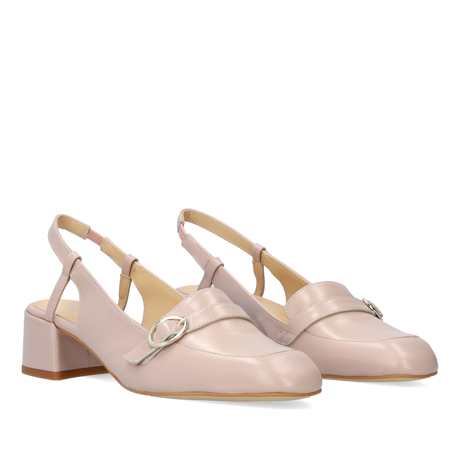Schuh mit Absatz im Mokassin-Stil aus rosa Glattleder 