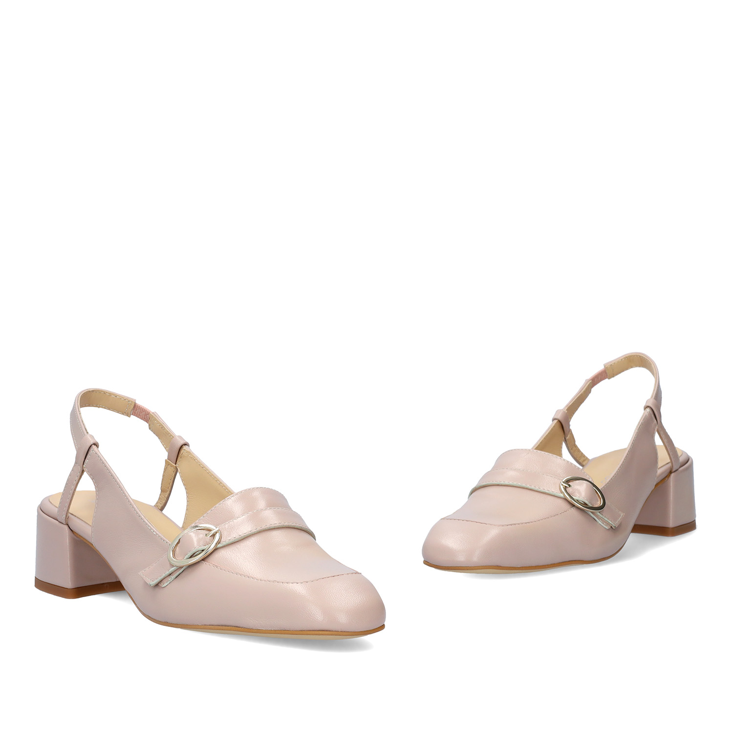 Schuh mit Absatz im Mokassin-Stil aus rosa Glattleder 