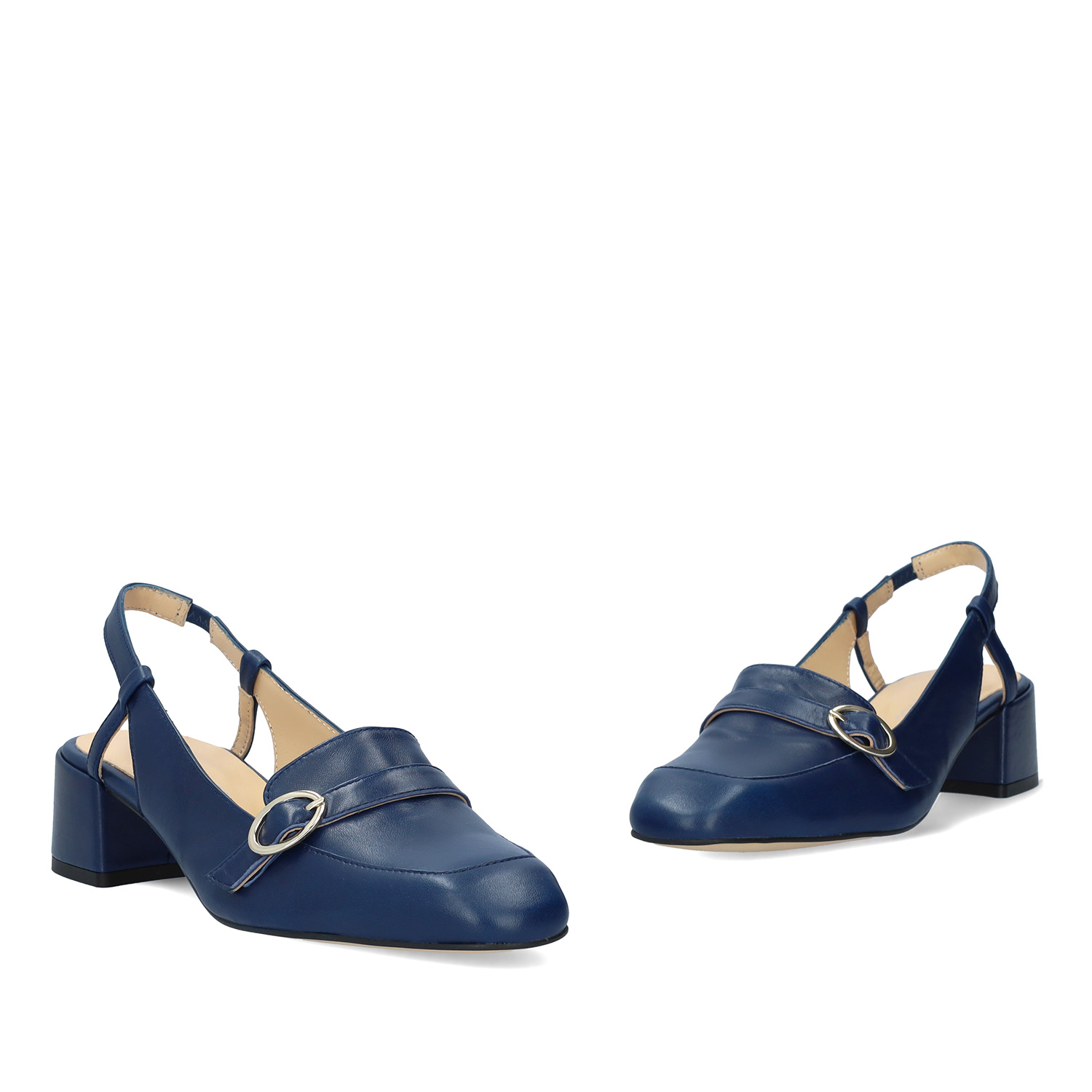 Heeled slingback loafers in navy leather 
